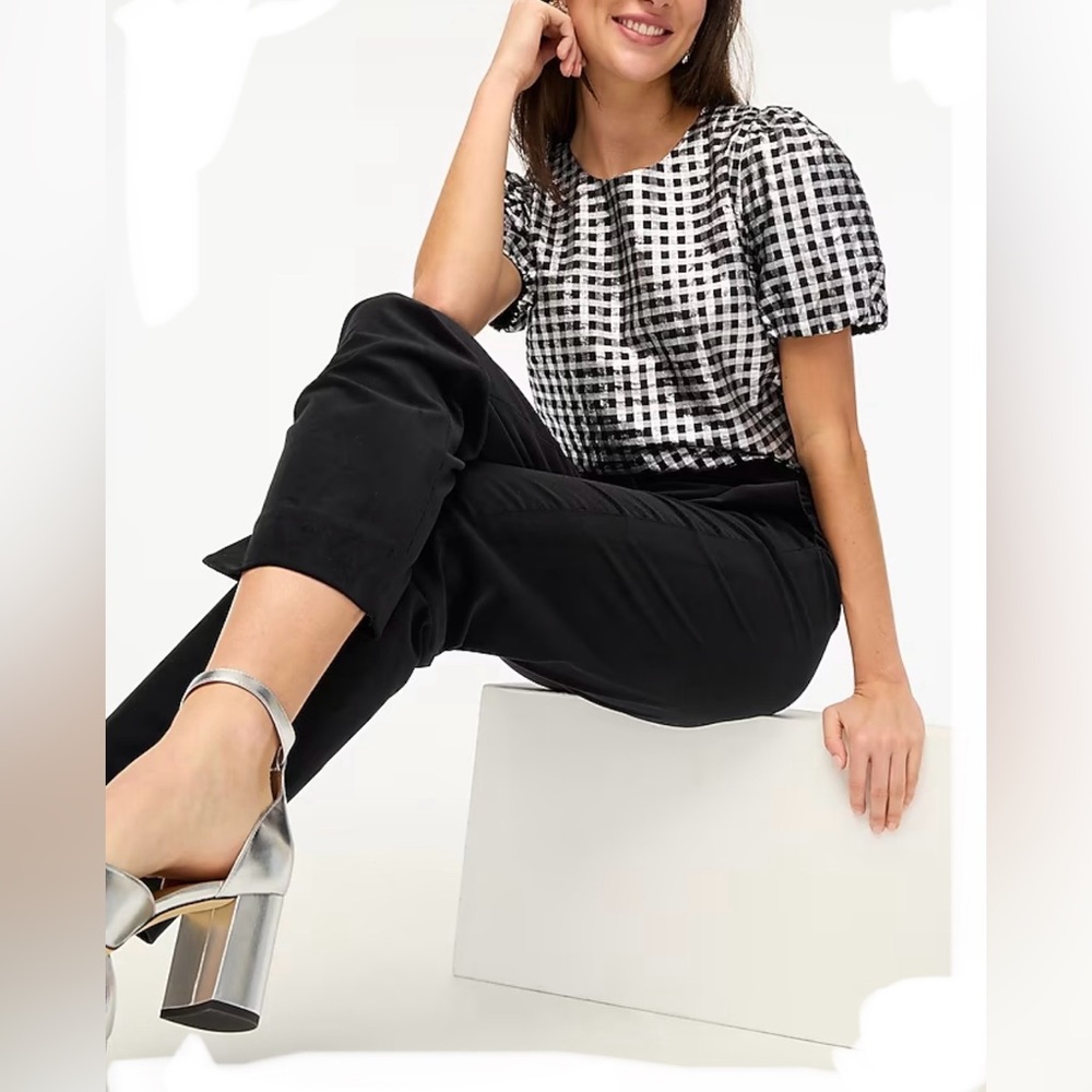 J. Crew Black and White Gingham Puff Sleeve Blouse